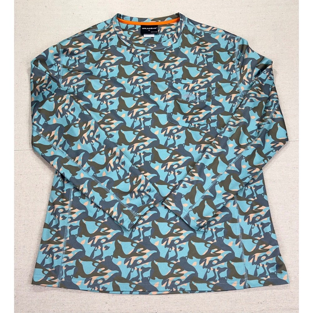 Grundens Mens Large Performance Fishing Shirt Blue Camo Long Sleeve Pocket Tee